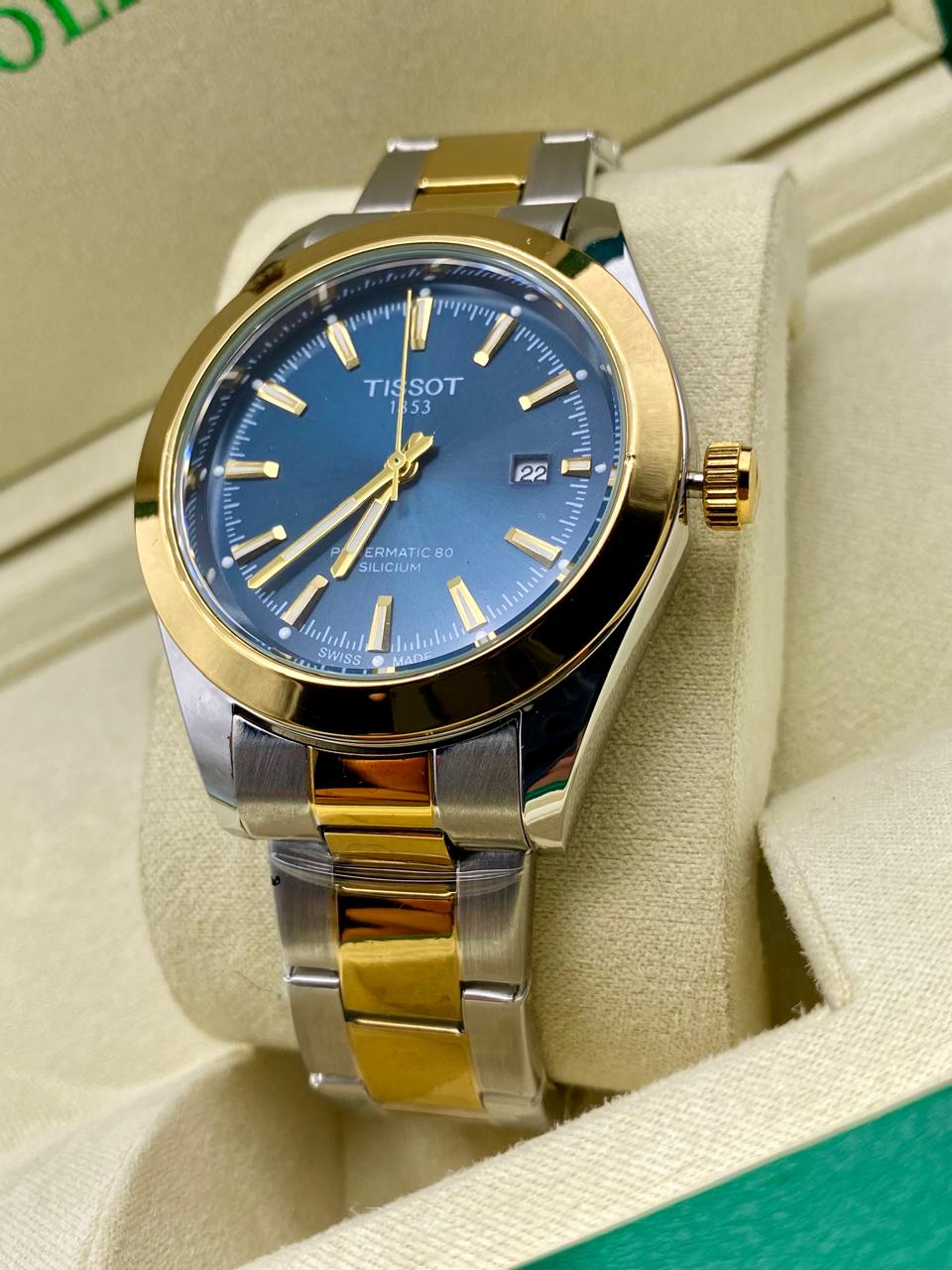 TISSOT POWERMATIC 80 BG SILCUM Dark Blue Dial with Gold and silver chain